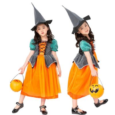 China Polyester Halloween Pumpkin Costume Dress with Hat For Girls Fancy Anime Costume little Princess Dress Party Performance for sale