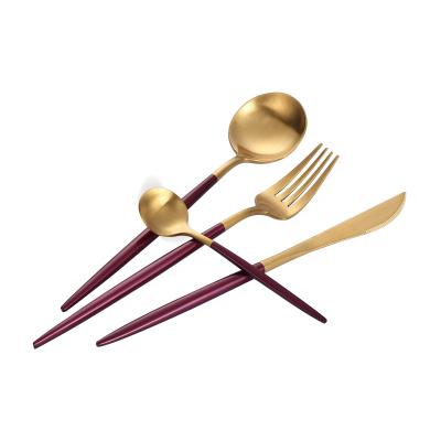 China Custom Made Sustainable Dinnerware Set Stainless Steel Gold Flatware Purple Gold Knife And Fork for sale