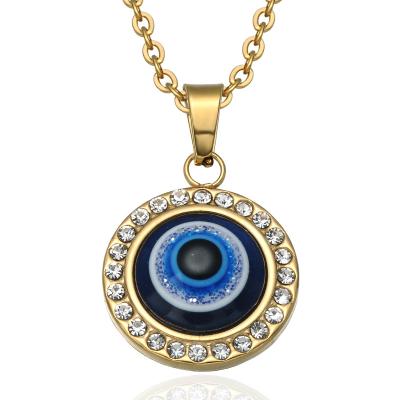 China Religious Popular Round Shape Stainless Steel Jewelry Blue Eye Bead Pendant Lucky Necklace for sale