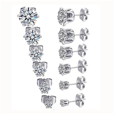 China 2021 Fashion Jewelry 316 Stainless Steel 6 Prongs Hypoallergenic Zircon Crystal Stud Earrings for sale