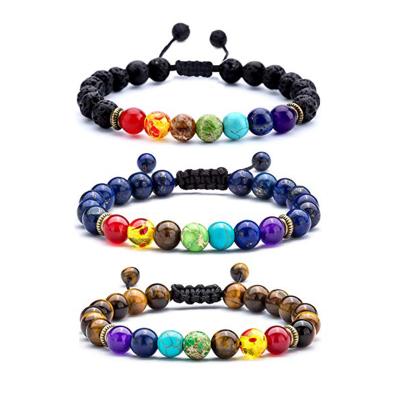 China BOHEMIA Handmade Macrame Braided Jewelry 7 Natural Lazulites Lava Tiger Eye Stone Beaded Black Chakra Bracelet Set For Men for sale