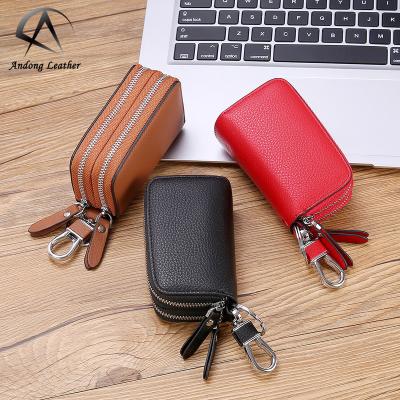 China Fashion Andong Double Zipper Car Key Case Mens Cowhide Leather Key Holder Genuine Cowhide For Women Mens for sale