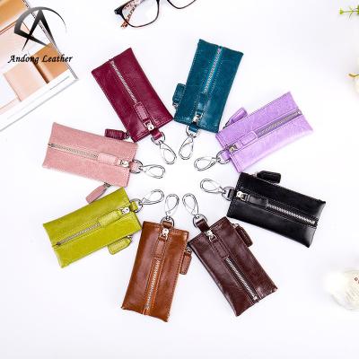 China Andong Fashion Retro Genuine Leather Zipper Key Case Ladies Car Key Holder Ladies Car Key Holder Women Wallet Purses Men for sale