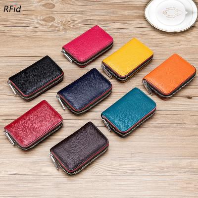 China Andong RFID Men Women Card Holder Cow Genuine Leather Zipper Wallet Short Purse RFID Blocking for sale