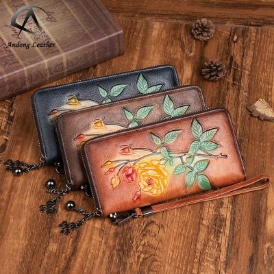 China Andong Long Waterproof Genuine Cow Leather Wallet Purse For Women Zipper Clutch Wallets Clip Card Holder Flower for sale