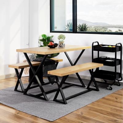 China Modern Modern Dining Table with Wooden Benches Oak Veneered with Black Metal Frame Perfect for Small Space Dining Room for sale