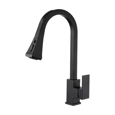 China Modern New Design Deck Mounted Black Brass Pull Down Square Kitchen Sink Kitchen Faucet for sale