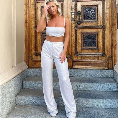 China Breathable Sexy Silver Crop Cloth Upper Shiny Pants Set For Woman Club Outfits Female 2021 Two Piece Pants Set Women for sale