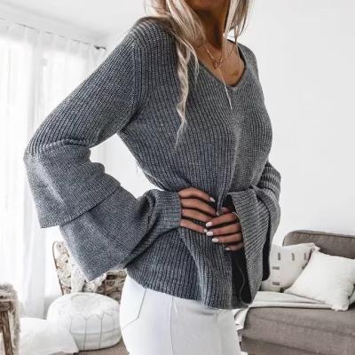 China Breathable Wholesale Women Sweater Winter OEM Elegant Free Size Loose Knit European V-Neck Ladies Sweater With Ruffles for sale