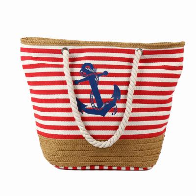 China 2021 Handmade Tote Large Straw Beach Bag Summer Fashion Women Tote Bag Ladies Print Anchor Wholesale Canvas Shopping Bag for sale