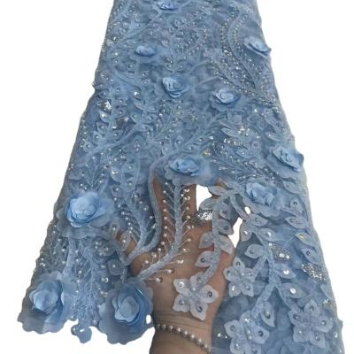 China 3D flowers lace embroidery Beaded lace fabric African Lace Fabric bridal wedding dress for sale