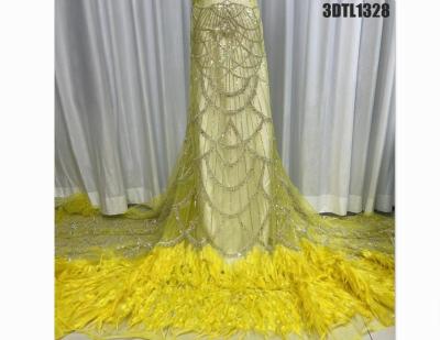 China Supoo  Dubai Feather 3D Lace Fabric Zambia Ostrich Feather With Sequin Beaded Austria Lace for sale