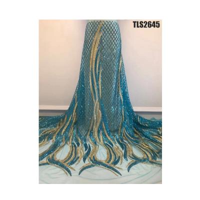 China New Arrival Quality Fancy Sequin Embroidery Mesh French African Lace Fabric For Formal Dress Abaya Dubai for sale