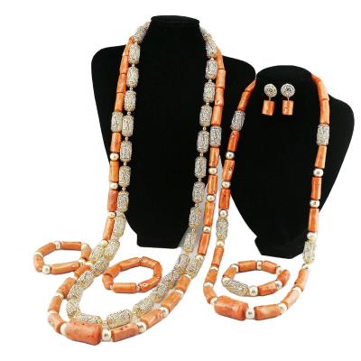 Cina Orange Coral Beads Crown Dubai Necklace Jewelry Beads Indian Bridal Orange Jewellery Set in vendita