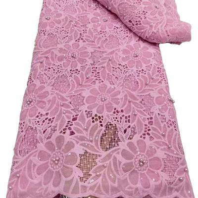 China Rose pink guipure lace water-soluble embroidery fabric with beads  wedding dress Nigerian women clothings Ghana fabric en venta