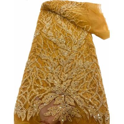 中国 European Fashion Milan Wedding Dress Lace Fabric Bridal Pearl Sequins Mesh Lace Gold Fashion Lace Beads Dress Fabric Wedding 販売のため