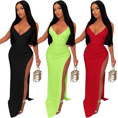 China New Arrivals Anti-wrinkle Dress Dress Solid Color V-Neckline Pleated One-sided Big Waist Slit Long Party Sexy Dress For Women for sale