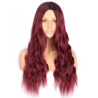 China Long Curly Wavy Body Wave Popular Design 24 Inch Long Price Wholesale Wine Red Wine Red Nice Curly Wavy Female Synthetic Hair Wigs for sale