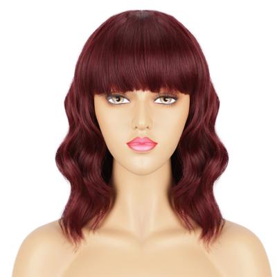 China Good Quality Short Bob Water Wave Synthetic Wavy Wigs Short Bob Wine Red Wig With Neat Bangs Heat Resistant Wholesale Price for sale