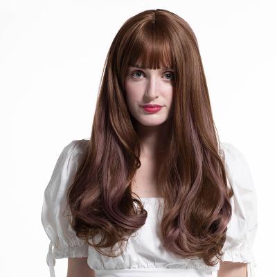 China Hot Sale Big Wave Wigs Long Big Wave Wigs With Bangs Long Brown High Temperature Fiber Shiny Cosplay Wigs For Girls for sale