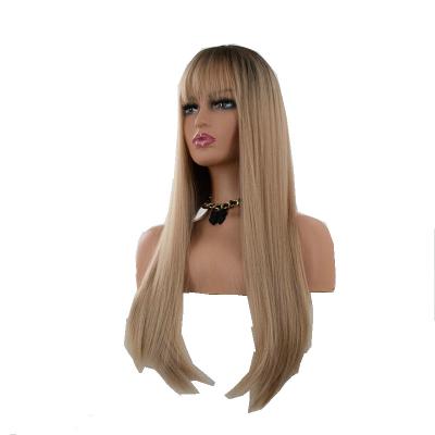 China Best Cheap Long Straight Wig Non Lace Front Wigs Ombre Cream Gold Long Straight Wig With Bangs Light Brown Synthetic Curly Wigs No Lace for sale