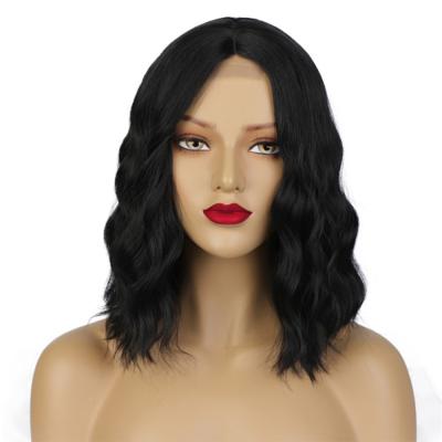 China High Quality Short Wavy Cheap Long Water Wave For Black Color Women Wholesale Heat Resistant Synthetic Lace Front Wig for sale