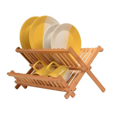 China Drain Rack Dinner Dish Storage Organizer Foldable Bamboo Dish Viable Drying Rack for sale