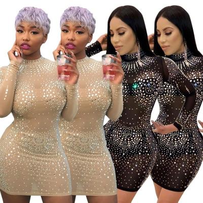 China Wholesale Anti-wrinkle women sexy mesh rhinestone clubwear bandage transparent bodycon nightclub dress MN164 for sale