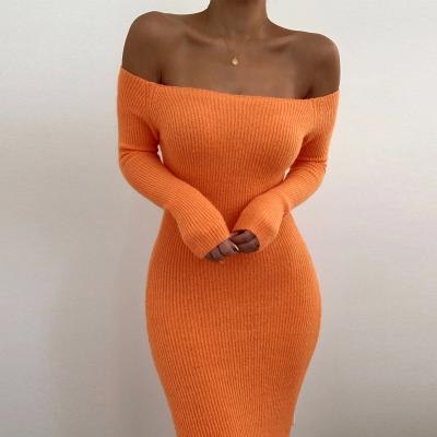 China Sexy Women Midi Dress Anti-Static Knitted Ribbed Bodycon Off Shoulder Elegant Long Sleeve Party 2020 Autumn Winter Clothes Christmas for sale