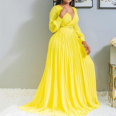 China Other Women Yellow Pleated V Neck Lantern Sleeve Sashes Long Evening Dress for sale