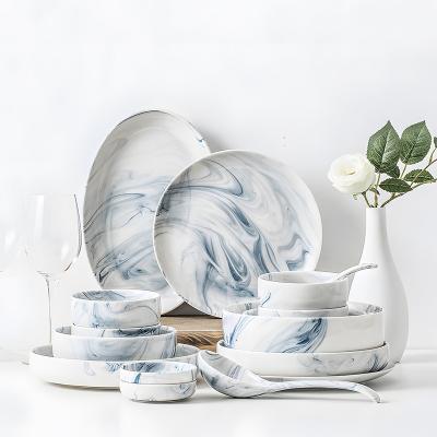 China Sustainable Wholesales Vintage Dish Set Luxury Tableware Hotel Bowls And Dish Combination Ceramic Tableware Creative Marbled Tableware for sale