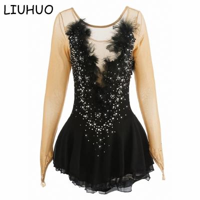 China Figure Skating Dress Girl Black Feather Ice Skating Dress Long Sleeve Figure Skating Sets for sale