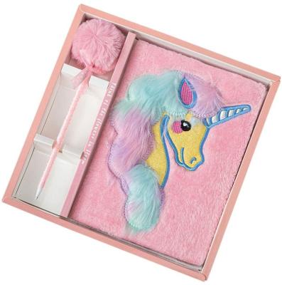 China Unicorn Furry Plush Notebook Gift Faux Fur Lined Hardcover Book Stationary Diary Set Travel Journal Set with Pom Pen for Kids Girls for sale