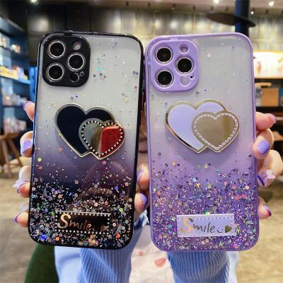 China new Anti-fall glitter heart-shaped makeup mirror girls phone case for Iphone Xr 11 12 12pro color border phone case for sale