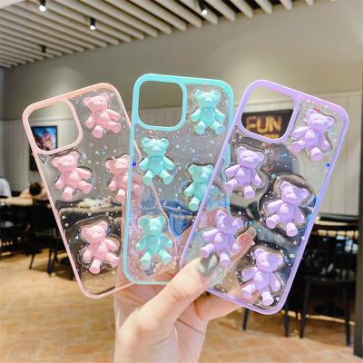 China Anti-fall fashion 3D cute bear glitter design phone case clear soft tpu bling back cover for Iphone 11/12 pro 6 7 8 max for sale