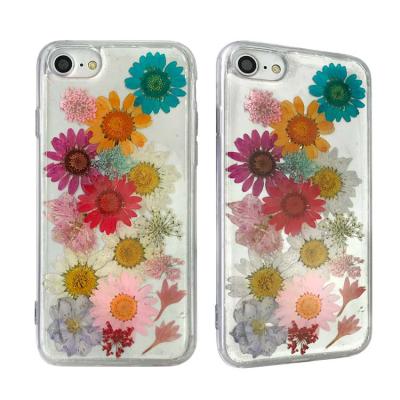 China 2021 Anti-drop epoxy pressed real flower glitter silver aluminum phone case clear tpu dry back cover for Iphone 11/12 13 pro 6 7 8 max for sale