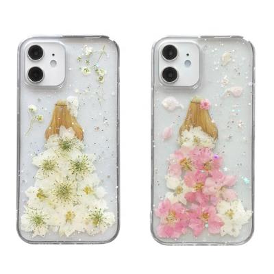 China 2021 dropshipping Anti-drop epoxy pressed real dry girly clear soft flower phone case back cover for iphone 11/12 13 pro 6 7 8 max for sale