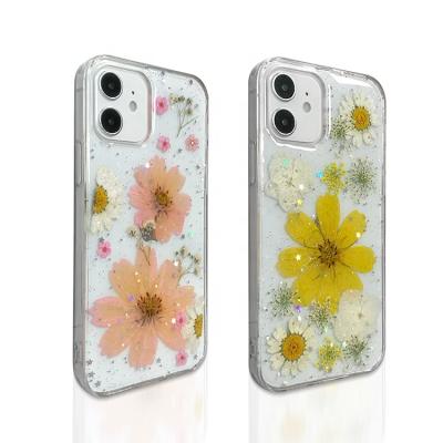 China high quality Anti-fall epoxy pressed real flowers sparkle phone case clear soft tpu back cover dropshipping for Iphone 11/12 pro max for sale