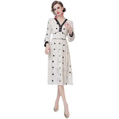 China 2021 Autumn Winter Polka Sleeve Women's Anti-Static White Dress Long Dot Dress Maxi Casual Elegant Plus Size S/2XL for sale