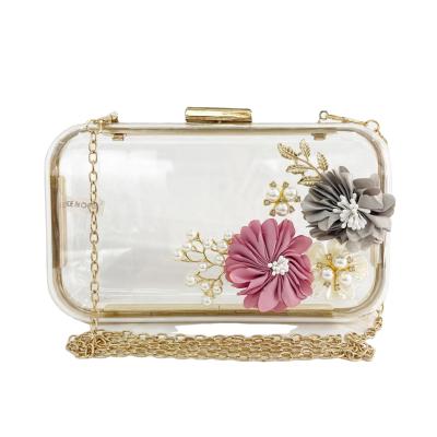 China Daily Party 2022 Summer Clear Acrylic Bags Purse Clutches PVC Bags Purse Chain Bags With Handmade Flowers for sale