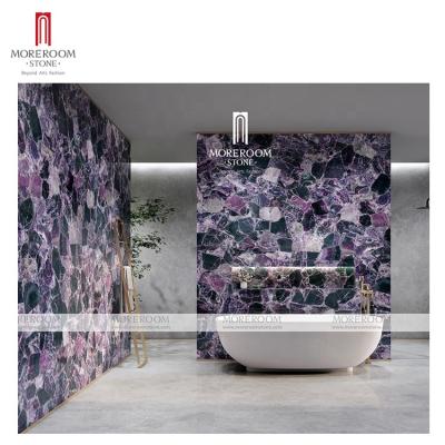 China Offers real effect of natural onyx with natural vein fluorite luxury crystal purple floor tile for sale