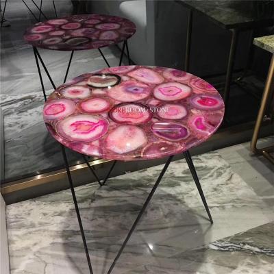 China Luxury natural gemstone round pink agate vanity small bar counter/countertop/coffee table for sale