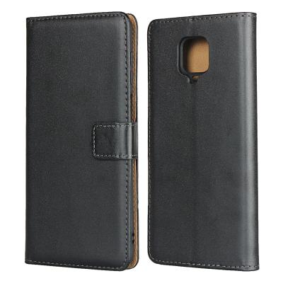 China Luxury Genuine Leather Case Shockproof Flip Folio Wallet Case with Kickstand and Card Slots for Redmi Note 9S for sale