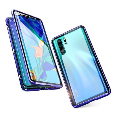 China Shockproof Magnetic Adsorption Case Metal Frame Front and Tempered Glass Flip Cover Full Body Protective Back Case For Huawei P30 pro for sale