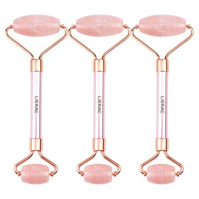 China Wholesale Lowest Price Natural Rose Logo Portable Quartz Face Lift Rose Gold Metal Handle Pink Jade Face Roller With Box for sale