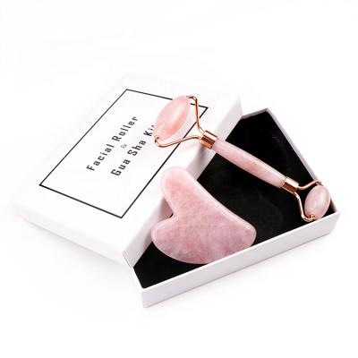 China High Quality Anti Aging Facial Natural Packaging Rose Rose Quartz Face Roller New Product Portable Private Label Box Massage for sale