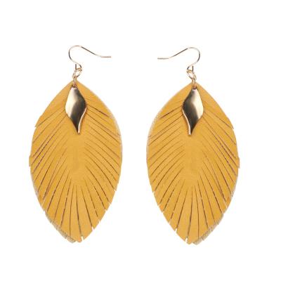 China PU Faux Feather Boho Earrings Gold BOHEMIA Light Earring Leather Statemnet Long Leather Earings For Women for sale