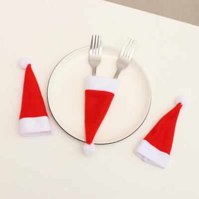 China Acrylic Mini Christmas Haps Cutlery Holder Spoon Pocket Toys Red Wine Bottle Decor Bag Knife Fork Set Cover Santa Hat for sale