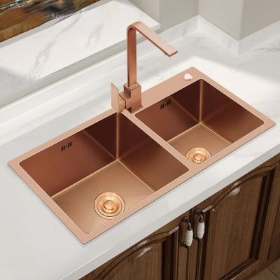 China Without Faucet Wholesale Fregadero Modern Style SUS304 Rectangular Double Bowls Rose Gold Hand Made Kitchen Cabinet Sinks for sale