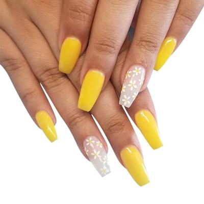 China Easy Use Design Coffin Shape Shiny Hot Nails With Yellow Color Glue On Nails for sale